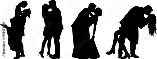 Romantic wedding couple kissing silhouette set. Various poses of bride and groom in love. Perfect for wedding invitations, Valentine designs, or romantic decoration projects.