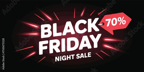 Black Friday Night Sale graphic with white letters red bursts and 70 off on red tag against a black background