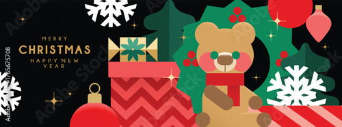 Christmas banner in contemporary flat minimalist style with Christmas wreath and cite teddy bear. Design for Holiday greeting card. Vector illustration
