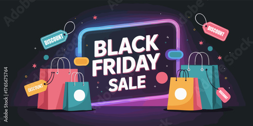 Black Friday Sale text surrounded by shopping bags and discount tags