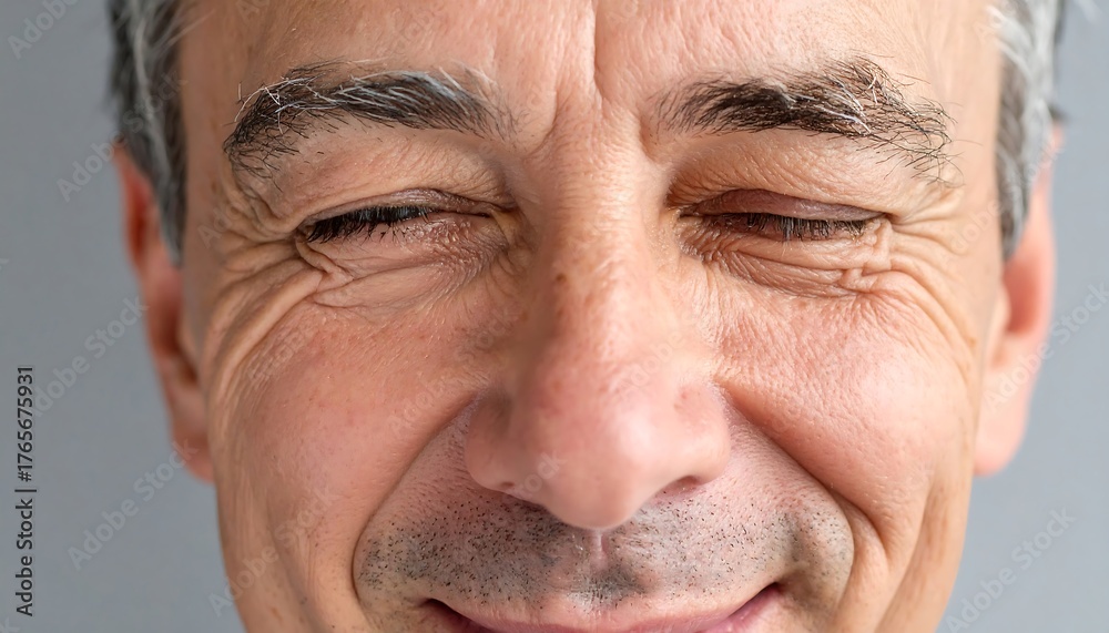 Obraz premium Close-up of a smiling, middle-aged man with closed eyes, revealing wrinkles around the eyes, against a gray background