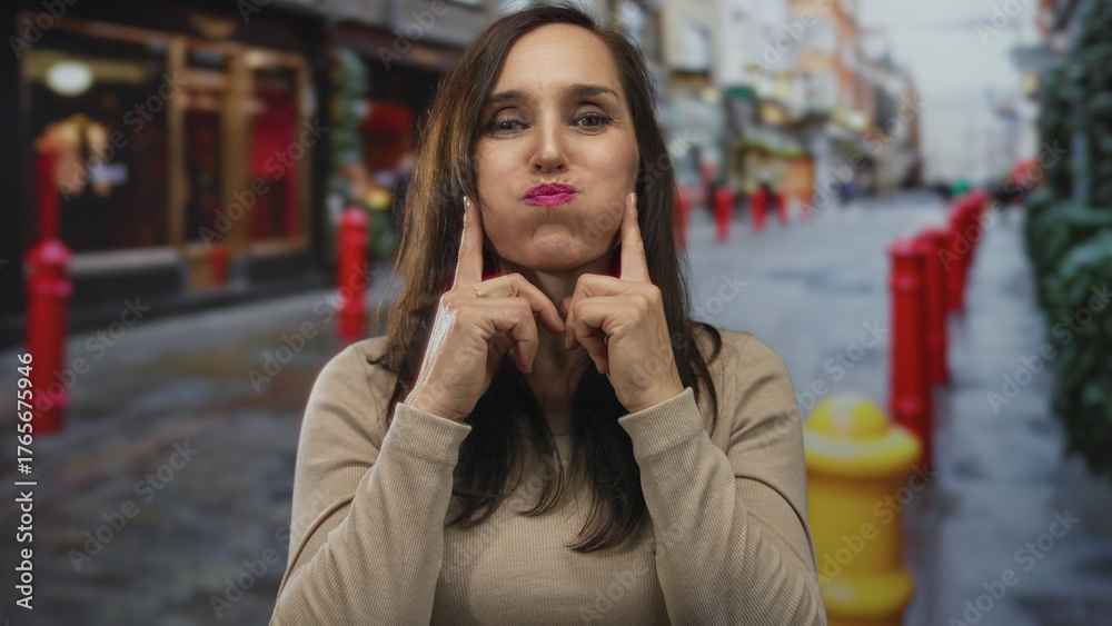 Fototapeta premium Woman outdoors on street gesturing with cheeky expression surrounded by vibrant urban scenery and red posts.
