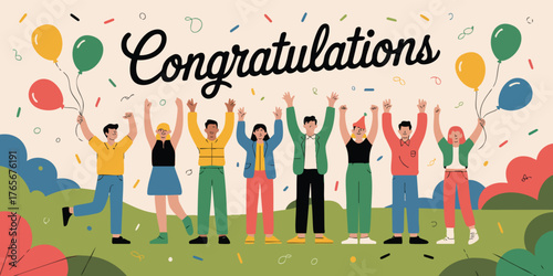 Cheering group with balloons confetti and Congratulations text
