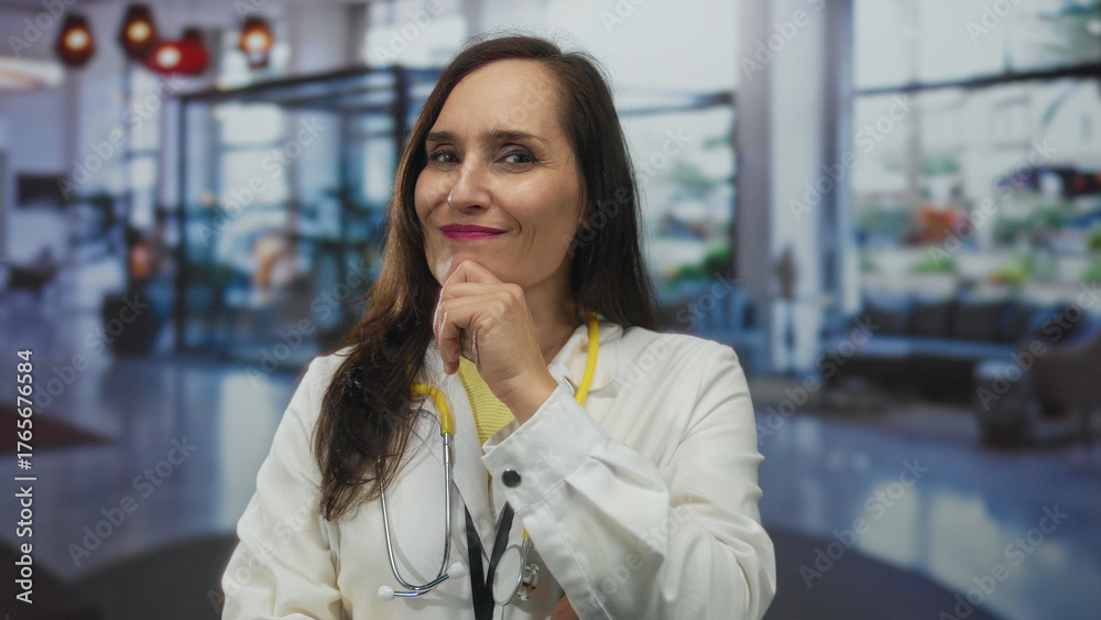 Εκτύπωση καμβά Woman doctor in uniform with stethoscope stands pensively in a modern hotel lobby with stylish decor suggesting contemplation and professionalism indoors