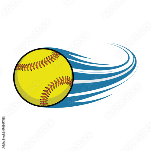 Yellow softball with red stitching and blue motion streaks sport game vector.