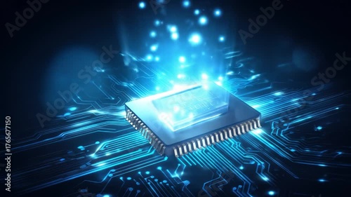 Abstract digital processor chip design with glowing particles