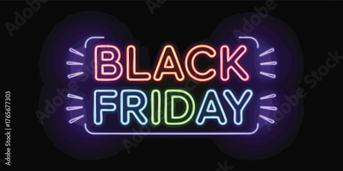 Neon sign displays Black Friday with glowing lights on a dark background