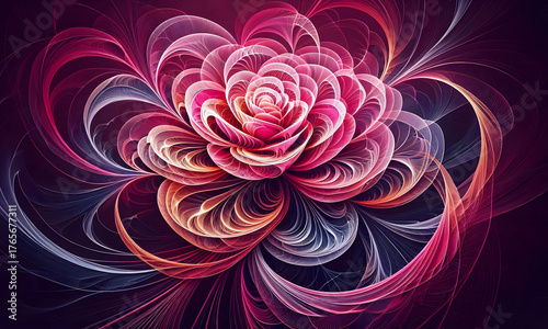 Abstrakter Hintergrund oder Textur mit einer rosenähnlichen Blüte in pink und viel copy space