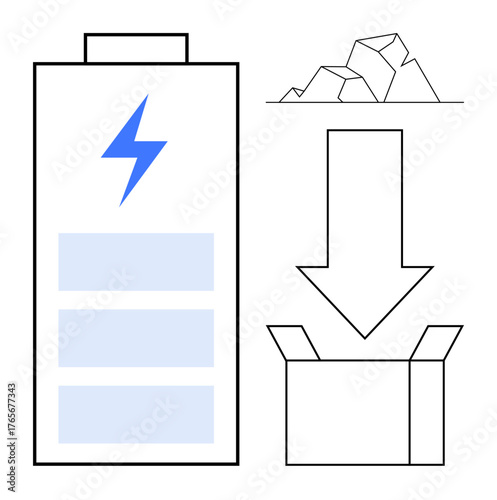 Battery with lightning bolt, rocks as raw materials, arrow pointing to box. Ideal for energy, recycling, sustainability, renewable resources, eco-awareness, green manufacturing simple flat metaphor