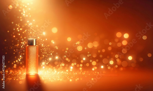 Abstrakter Hintergrund oder Textur in orange mit Bokeh und einer Parfüm-Flasche, viel Freifläche für eigenen Text