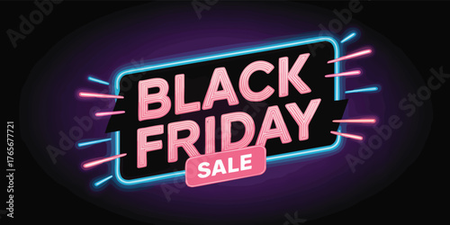 A neon sign reads Black Friday Sale in bright pink lettering against a dark background