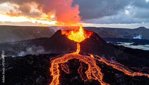 Fiery molten lava spews from a volcano, flowing down the dark, rocky landscape under a clouded sunset sky