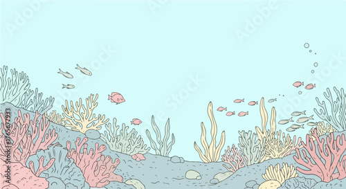 Cartoon vector illustration of a coral reef ecosystem, showcasing a variety of sea plants and swimming fish on the seabed