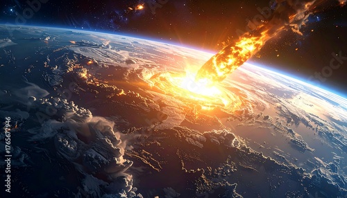 Fiery meteor hurtles towards Earth, a collision of cosmic drama against the backdrop of our blue planet and starry sky