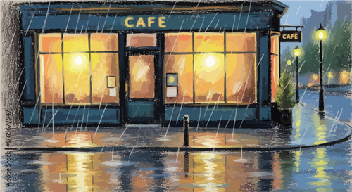 A charming illustration depicts a cozy urban cafe radiating warm light on a rainy evening, with vibrant reflections shimmering on the wet street, creating a tranquil and inviting atmosphere