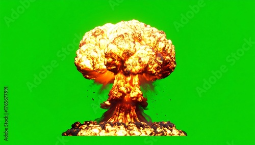 Fiery mushroom cloud rising, against a bright green background. Intense orange and yellow hues dominate the scene