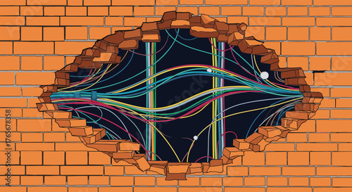 Brick wall with a hole revealing network cables.