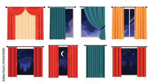 Various colorful curtains on windows with different backgrounds.