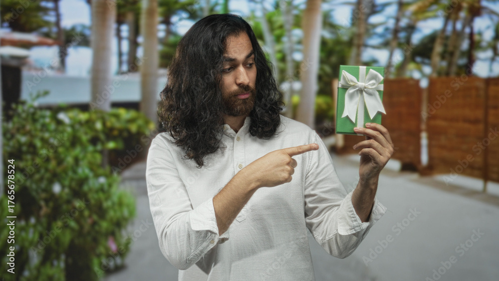 Naklejka premium Man in white shirt holding a green gift with white bow and making thumbs down gesture on sunny street lined with palms; disapproval.