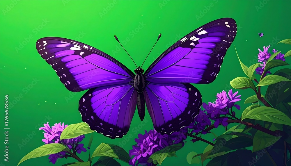 Naklejka premium Digital art A large purple butterfly rests atop flowering purple blossoms against a vibrant, saturated green backdrop