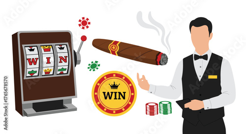 Casino themed image with slot machine, cigar, and waiter.