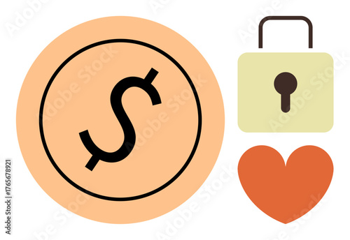 Dollar sign circle, padlock, and heart illustration conveys financial safety, trust, love, security. Ideal for finance, saving, relationships emotional safety investment trust simple flat