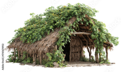 A rustic thatched-roof hut, covered in lush green foliage, nestled in a natural setting.