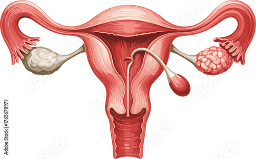 Female reproductive system anatomy vector, uterus, ovaries, fallopian tubes, cervix, egg release, medical illustration, educational diagram, biology, healthcare, science