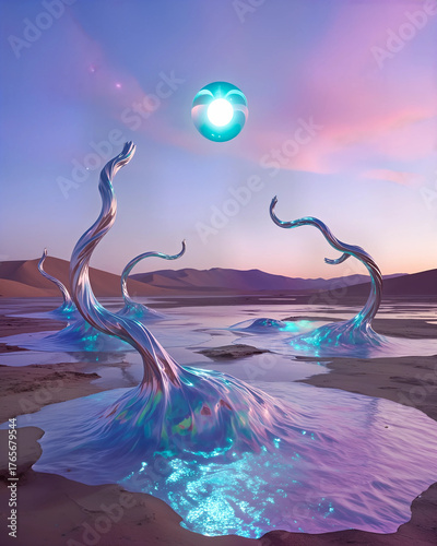 Wallpaper Mural A barren landscape of iridescent sand dunes shifting in unnatural rhythms, with spiraling metallic vines reaching upwards like tendrils in a vivid, starry void. A translucent orb hovers aloft, casting Torontodigital.ca