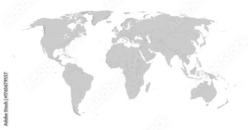 Detailed Gray World Map on White Background.