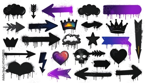 Collection of spray-painted icons arrows, heart, crown, cloud, skull, banner, lightning bolt, and star, with drip effects