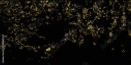 Abstract luxury banner with golden glittering dots on black background. Sparkling glitter bottom border, vector frame. Halftone effect. Magical gold dust. Pop art style backdrop.