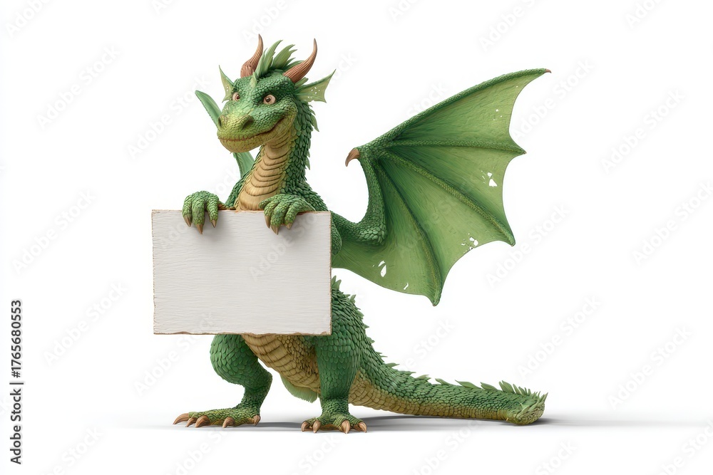 Fototapeta premium Dragon Holding Sign. Flying Green Dragon Carrying Blank White Sign Board