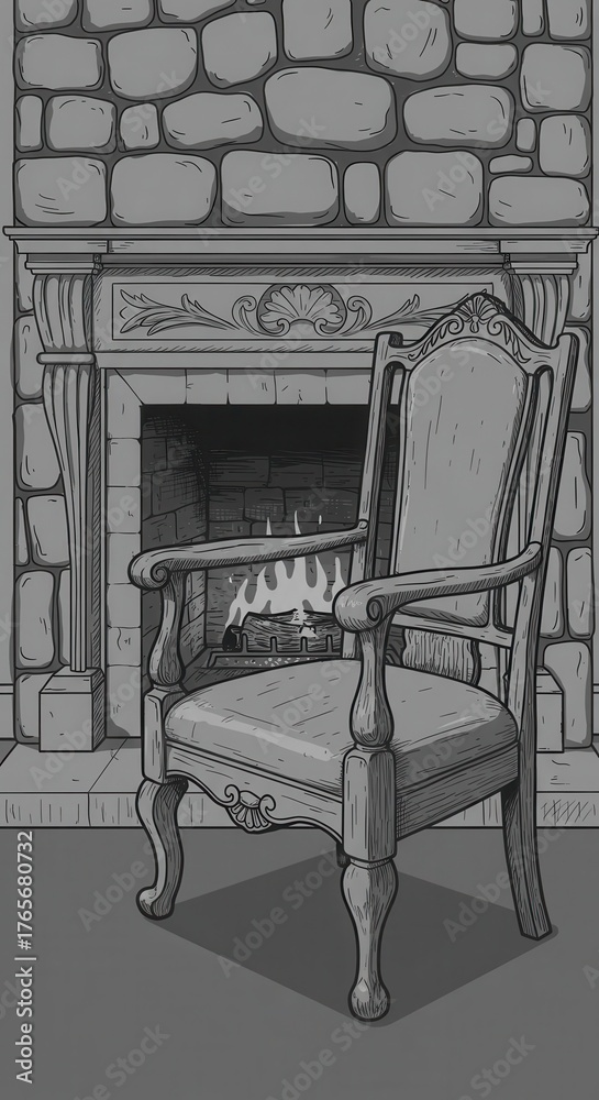 Fototapeta premium Ornate wooden armchair sits before a lit hearth framed by stone masonry