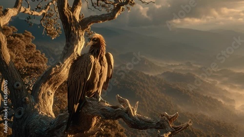 Majestic bird of prey perched on a twisted tree branch overlooking misty mountain landscape at sunrise
