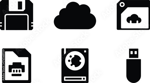 Collection of digital data storage icons floppy cloud sd card usb drive hard drive document