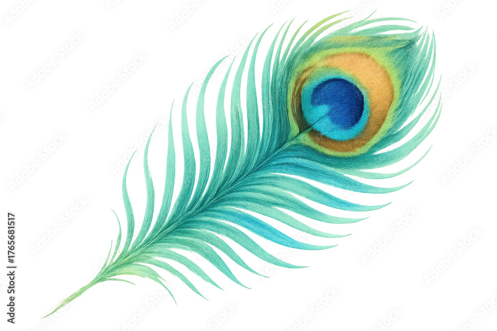 Obraz premium Peacock feather watercolor painting featuring eye spot in iridescent blue and green colors on transparent background