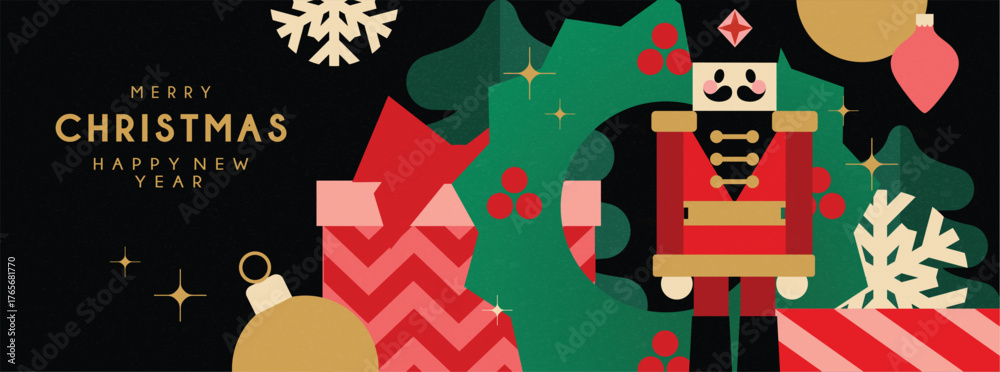 Εκτύπωση καμβά Christmas banner in contemporary flat minimalist style with Christmas wreath and toy solder