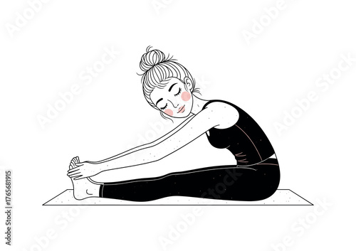 Cute Minimalist Woman Doing Seated Forward Fold Yoga Pose – Black and White Wellness Illustration