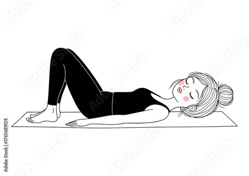 Black and White Minimalist Woman in Bridge Pose Yoga on Mat, Cute Wellness Vector Art