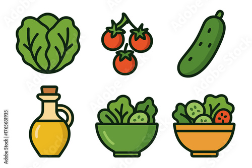 Fresh salad ingredients collection including lettuce, tomatoes, cucumber, and olive oil dressing