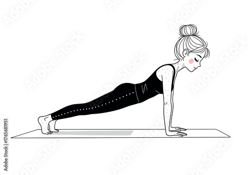 Minimalist Black and White Vector of Woman Holding Plank Pose, Cute Yoga Wellness Illustration