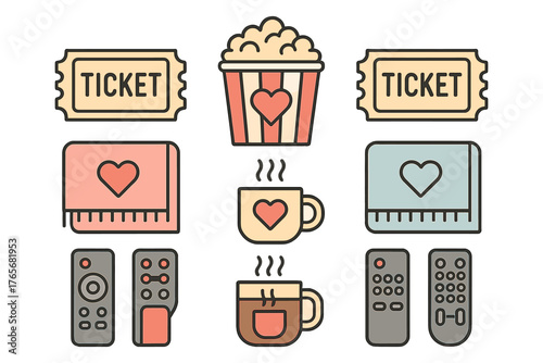 Cozy movie night essentials collection with popcorn tickets blankets and remote controls