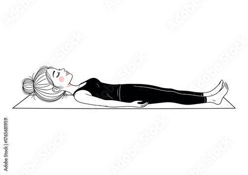 Minimalist Woman Lying in Corpse Pose Yoga on Mat, Black and White Cute Relaxation Illustration