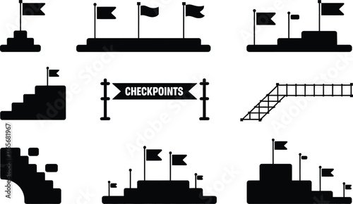 Collection of podium and staircase silhouettes with flags for victory and competition themes