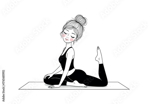 Cute Woman Practicing Pigeon Pose on Yoga Mat, Black and White Minimalist Wellness Vector