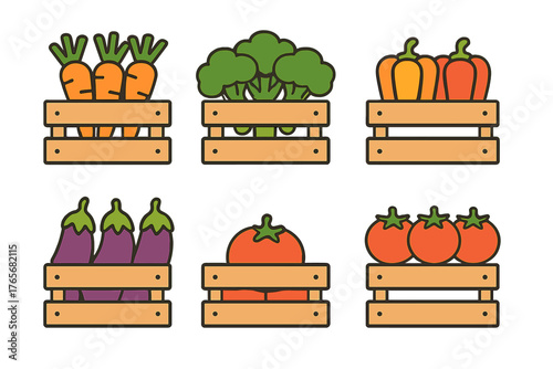 Fresh farm vegetables including carrots, broccoli, peppers, and tomatoes in wooden crates