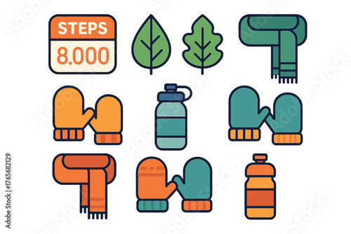 Flat icons of fitness steps counter, natural leaves, winter scarves, warm mittens, and hydration bottles