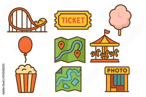 Colorful flat design symbols for amusement park attractions like roller coaster, carousel, and popcorn