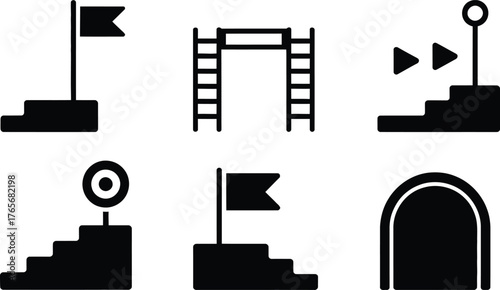 Set of six silhouette icons representing goals achievement steps and progress towards success